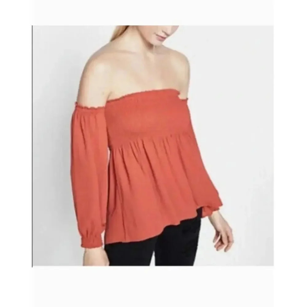 Express Off The Shoulder Smocked‎ Top in Rust